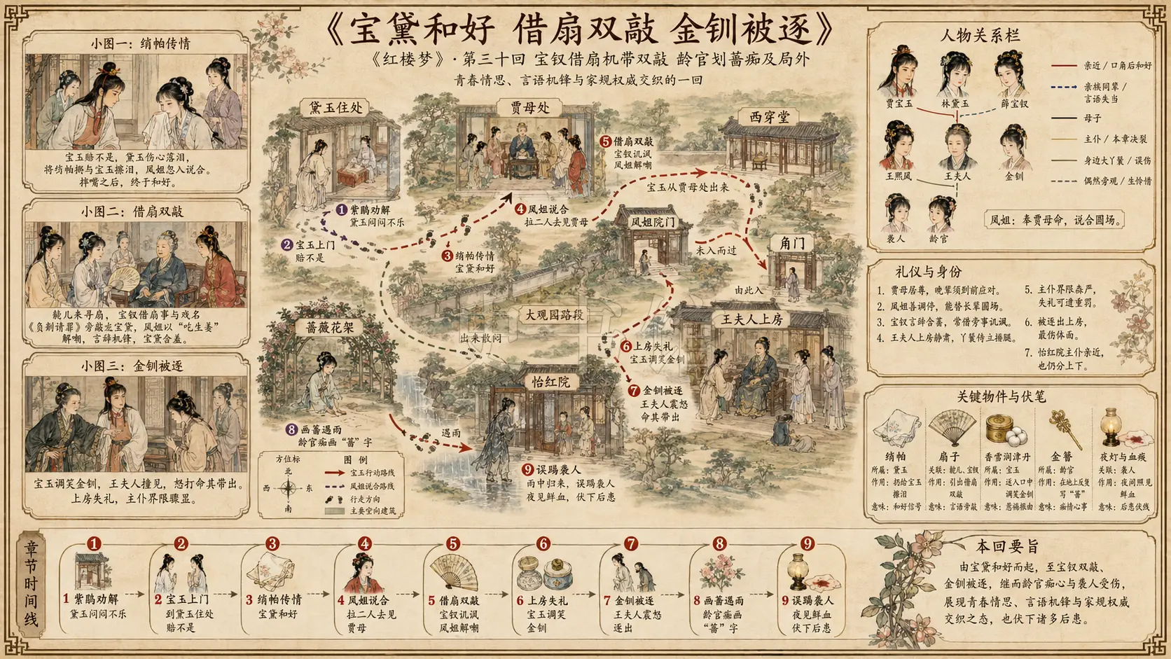 《红楼梦》正文 第三十回宝钗借扇机带双敲龄官划蔷痴及局外章节配图