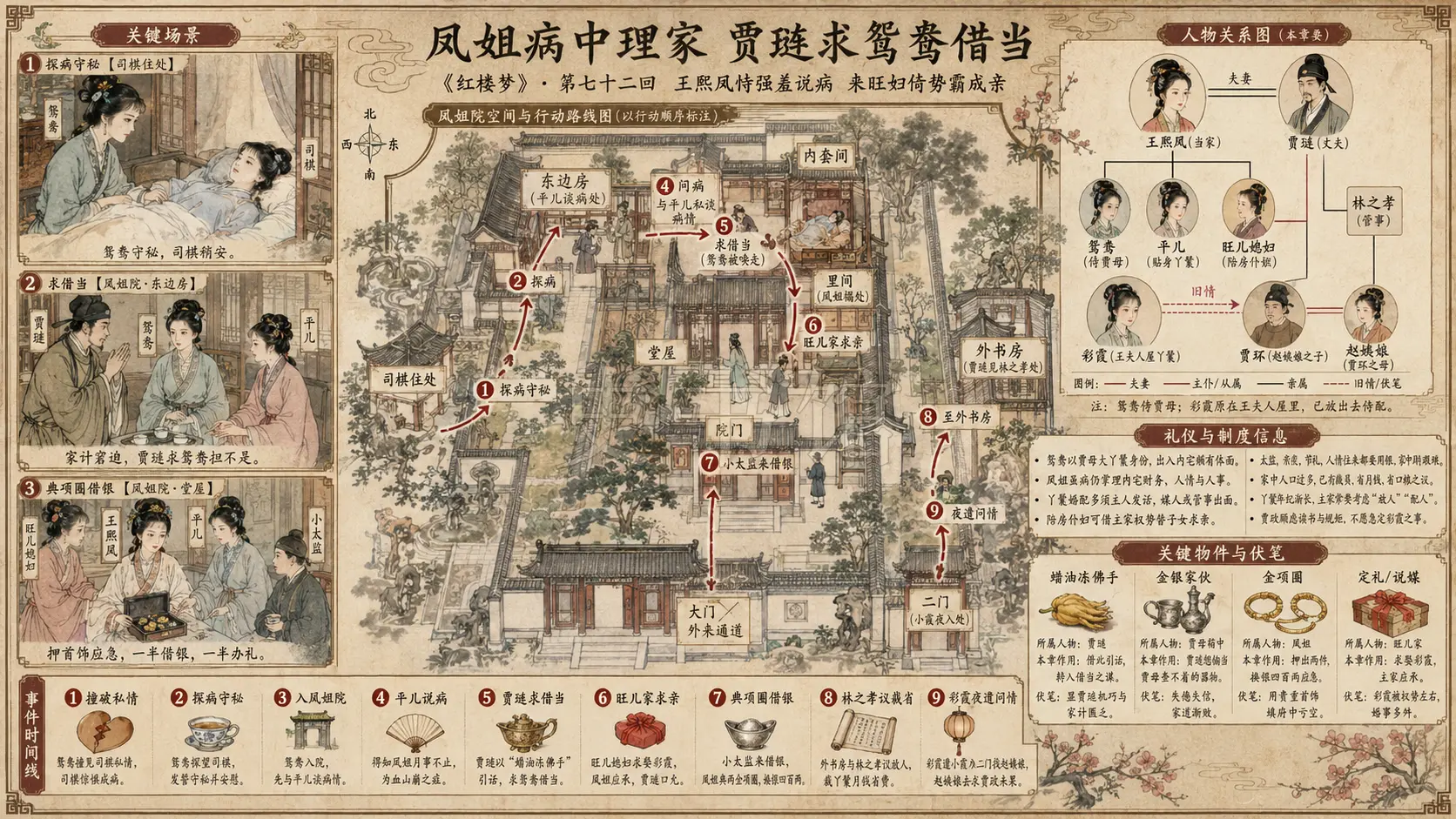 《红楼梦》正文 第七十二回王熙凤恃强羞说病来旺妇倚势霸成亲章节配图