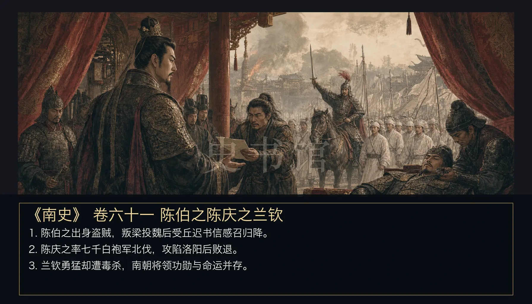 《南史》列传 卷六十一陈伯之陈庆之兰钦章节配图