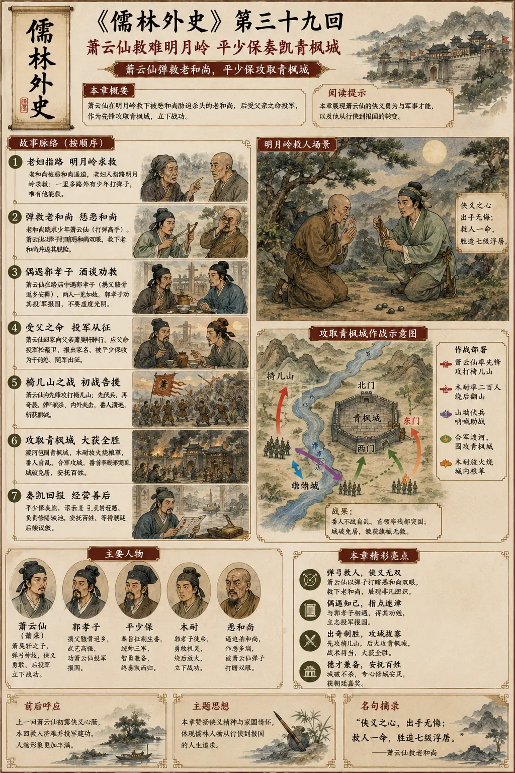 《儒林外史》正文 第三十九回萧云仙救难明月岭平少保奏凯青枫城章节配图