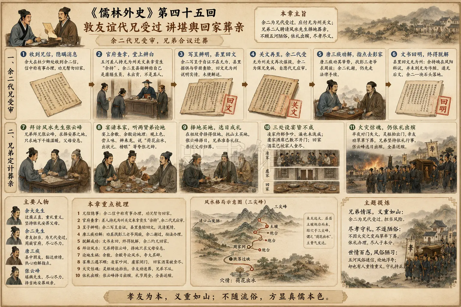 《儒林外史》正文 第四十五回敦友谊代兄受过讲堪舆回家葬亲章节配图