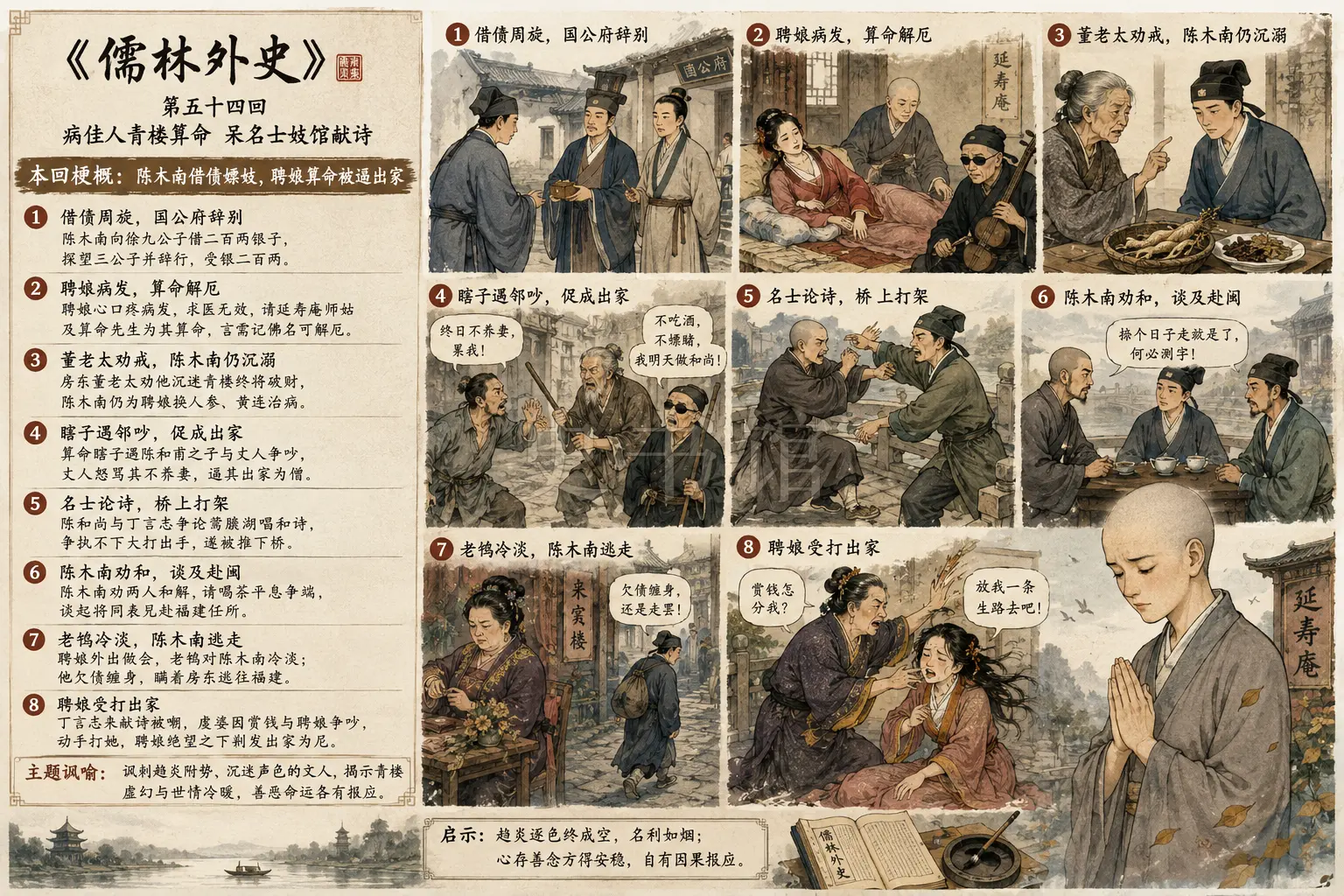 《儒林外史》正文 第五十四回病佳人青楼算命呆名士妓馆献诗章节配图