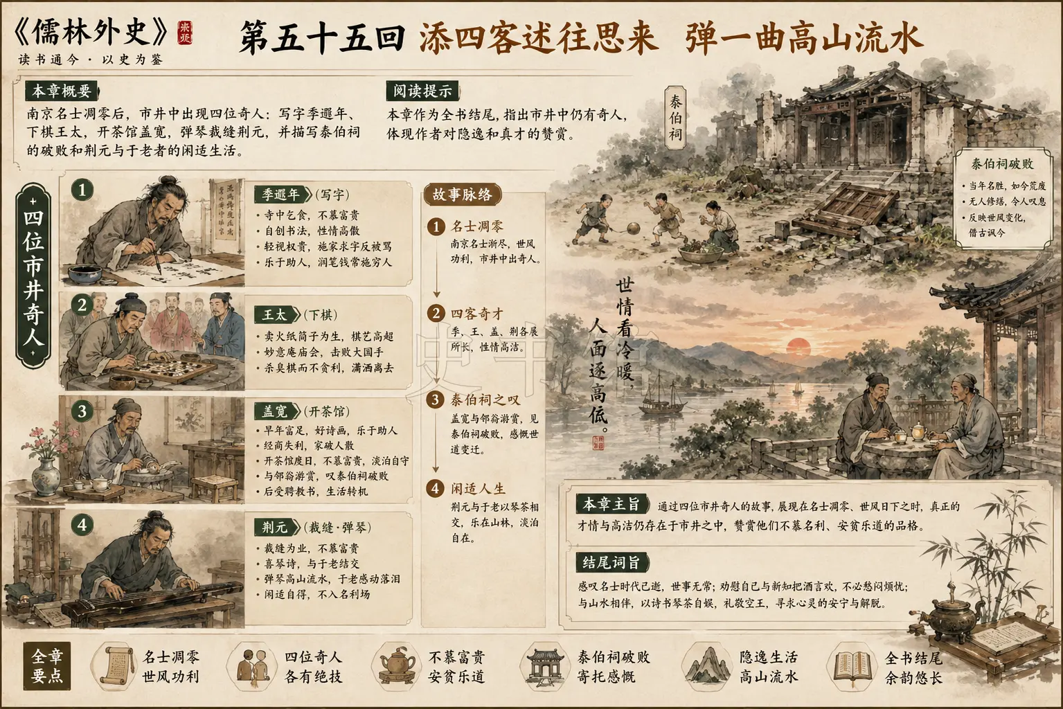 《儒林外史》正文 第五十五回添四客述往思来弹一曲高山流水章节配图